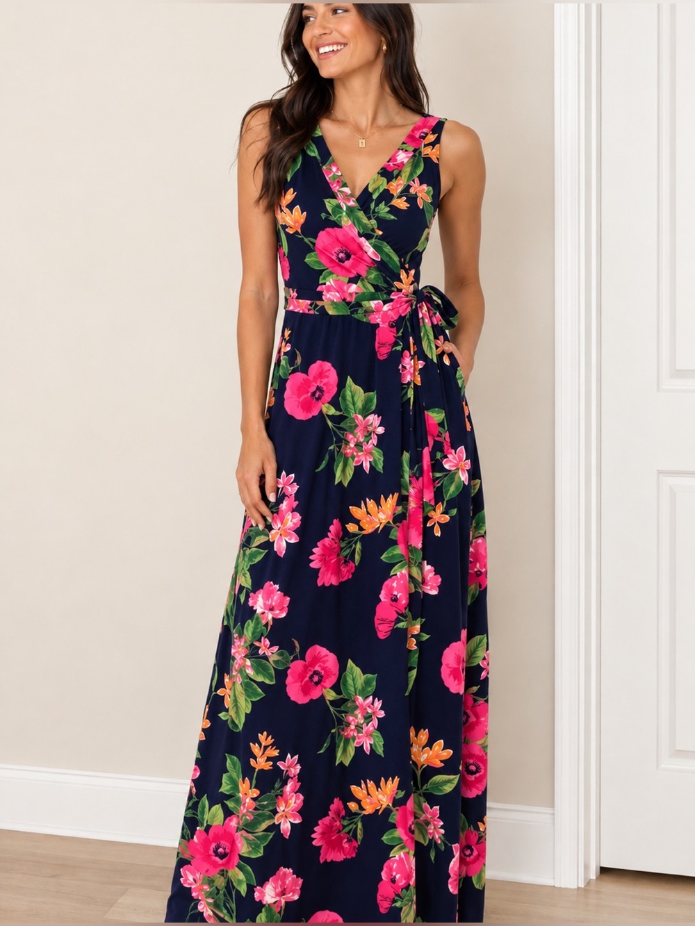Market & Spruce Navy Floral Wrap Maxi Dress Size Medium